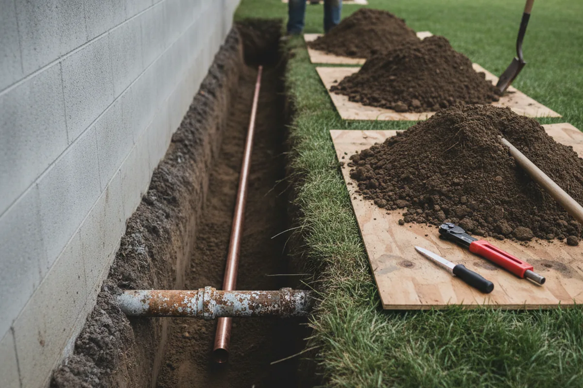 Excavated water line trench during Water Softener Installation in Sachse